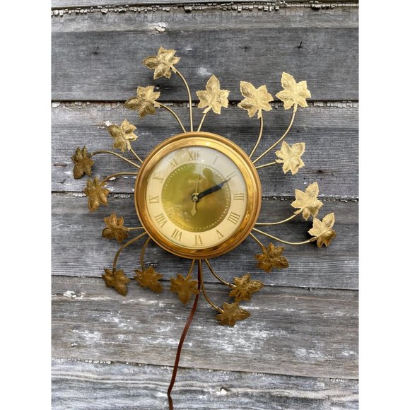 Vintage MCM United Starburst Ivy Leaves Electric wall clock Gold - Picture 1 of 14